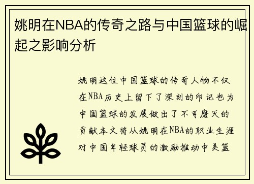 姚明在NBA的传奇之路与中国篮球的崛起之影响分析